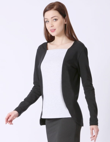 Koszulka damska z długim rękawem z efektem żakietu, czarna środek jasny melanż, fason VKDRd-24, bawełniana, zbliżenie.jpg