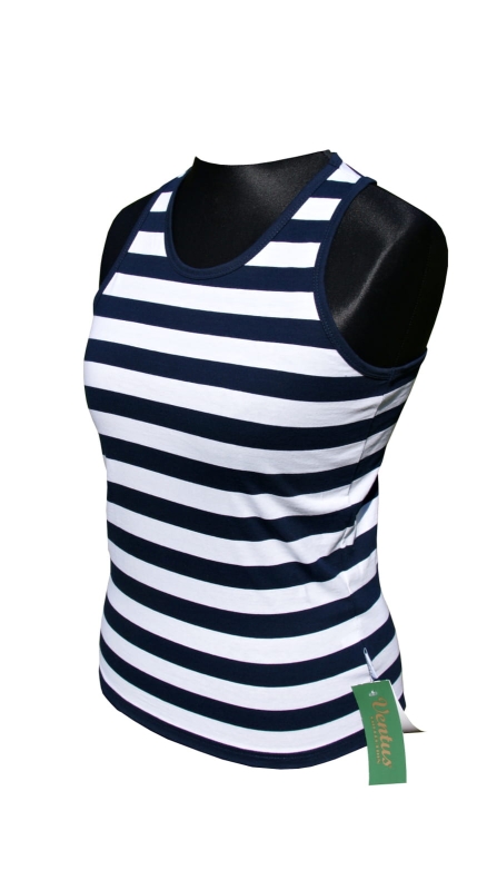 Koszulka damska tank top fason VKD-46 w paski biało-granatowe, pokazana od boku, szerokość paska 2,5cm, delikatnie taliowana, styl żeglarski, marynarski.jpg