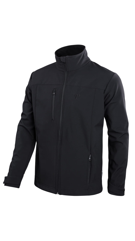 Kurtka Thermoshell męska czarna fason VPL-32, zapinana na zamek kryty, trzy kieszenie zapinane na zamek, przeszycia ozdobne i cięcia.jpg