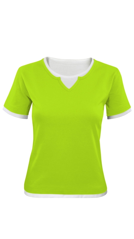 Bluzka damska fason VKD-43 intensywna jasna zieleń, białe wykończenie rękawków i dołu koszulki, efekt drugiego rękawka, białe wykończenie pod szyją, ozdobne przeszycie pod szyją, koszulka z krótki rękawem, delikatnie taliowana, bawełniana.jpg