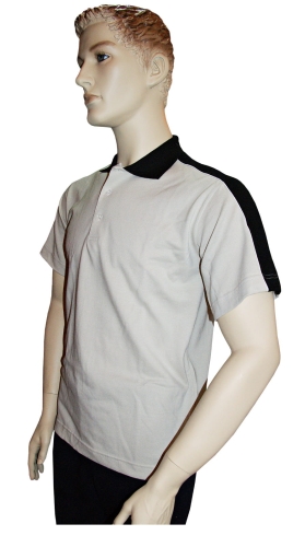 Koszulka polo męska beżowa z czarnymi wstawkami na ramieniu i rękawie, fason VKPm-23.jpg