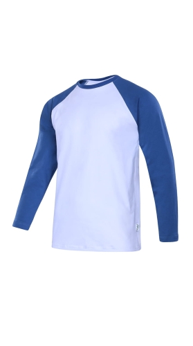 Koszulka z długim rękawem męska biała z ciemno niebieskimi rękawami, fason VKDRm-3, longsleeve bawełniany, raglanowe wszycie rękawów.jpg