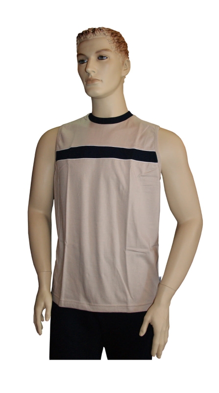 Tank top męski beżowy, fason koszulki VKT-42,  wstawka - pasek na wysokości piersi w kolorze granatowym, koszulka bawełniana, boczne szwy stabilizujące koszulkę.jpg