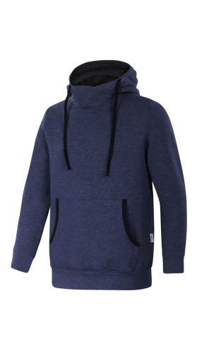 Bluza dresowa unisex, fason VBL-37 w kolorze granatowego melanżu, bawełniana, wkładana przez głowę, wysoka stójka, kieszeń typu kangurka, ściągacze przy rękawach i u dołu bluzy.jpg