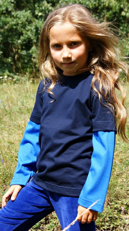 Koszulka dziecięca unisex z długim rękawem granatowo chabrowa fason  VKDRm-4, bawełniana, efekt drugiego rękawka, fason dla dziewczynki i dla chłopca.jpg