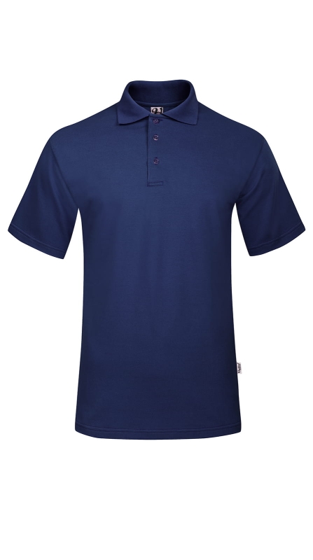 Koszulka polo męska z krótkim rękawem granatowa fason VKPm-1, zapinana na 3 guziki. bawełniana, materiał la costa pique.jpg