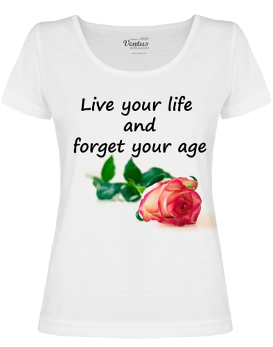 Koszulka damska biała z krótkim rękawem fason VKD-45, głęboki elegancki dekolt, z przodu nadruk czerwona róża i napis Live your life and forget your age, koszulka delikatnie taliowa, tył biały.jpg