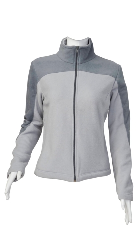 Polar damski fason VPL-6 odcinany powyżej piersi i na zewnętrznej części rękawów w kolorze ciemno szarym, pozostała część jasno szara, stójka, zapinany na całości na zamek, dwie kieszenie z zamkami, delikatnie taliowany, rękawy wykończone mankietem.jpg