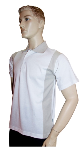 Koszulka polo męska bawełniana z krótkim rękawem materiał la costa pique fason VKPm-17, koszulka biała z beżowymi wstawkami po bokach, beżowy kołnierzyk, koszulka zapinana na 3 guziki.jpg