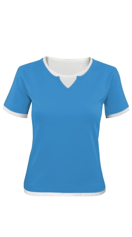 Koszulka damska niebieska fason VKD-43, białe wykończenie rękawków i dołu koszulki, efekt drugiego rękawka, białe wykończenie pod szyją, ozdobne przeszycie pod szyją, koszulka z krótki rękawem, delikatnie taliowana, bawełniana.jpg