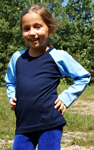 Koszulka dziecięca unisex z długim rękawem granatowo niebieska fason  VKDRm-3, bawełniana, raglanowe wszycie rękawów, fason dla dziewczynki i dla chłopca.jpg