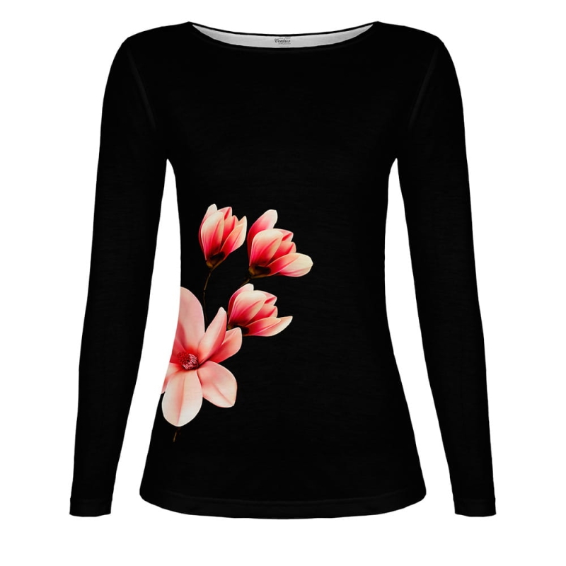 Koszulka czarna damska z kwiatem Magnolii