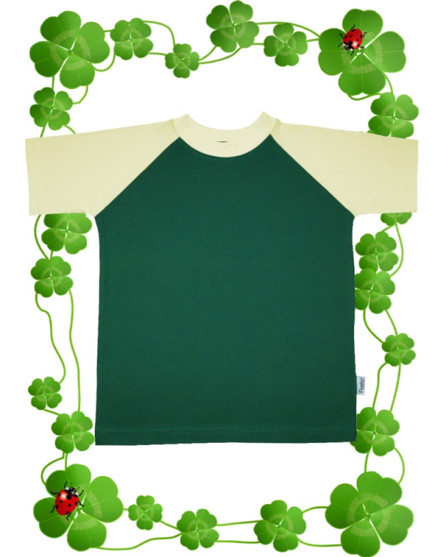 Koszulka dziecięca t-shirt zielona z rękawkami w kolorze ecru, bawełniana, raglanowe wszycie rękawów, fason VKT-4 unisex.jpg