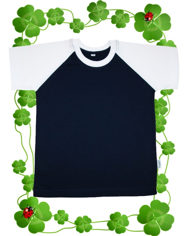 Koszulka dziecięca t-shirt granatowa z białymi rękawkami, bawełniana, raglanowe wszycie rękawów, fason VKT-4 unisex.jpg