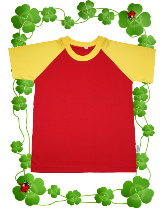 Koszulka dziecięca t-shirt czerwona z żółtymi rękawkami, bawełniana, raglanowe wszycie rękawów, fason VKT-4 unisex.jpg