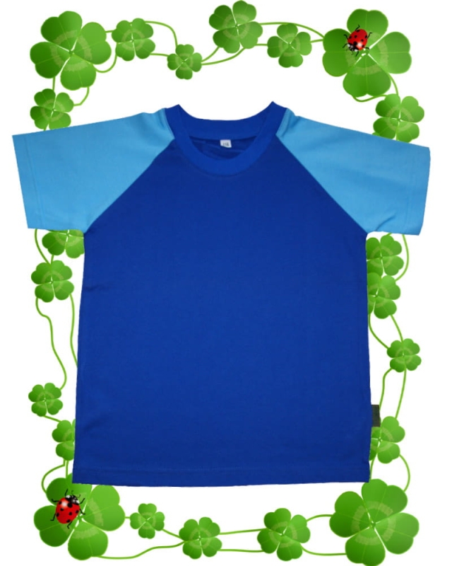 Koszulka dziecięca t-shirt chabrowa z niebieskimi rękawkami, bawełniana, raglanowe wszycie rękawów, fason VKT-4 unisex.jpg