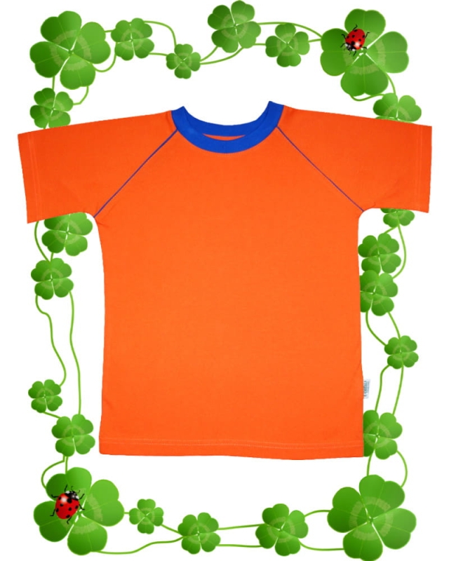 Koszulka dziecięca t-shirt bawełniana pomarańczowa z chabrowymi wypustkami, chabrowy ściągacz pod szyją, raglanowe wszycie rękawów z kontrastową chabrową wypustką, boczne szwy stabilizujące koszulkę, fason VKT-44.jpg