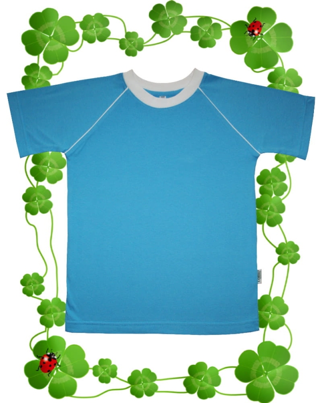 Koszulka dziecięca t-shirt bawełniana niebieska z białymi wypustkami, biały ściągacz pod szyją, raglanowe wszycie rękawów z kontrastową białą wypustką, boczne szwy stabilizujące koszulkę, fason VKT-44.jpg