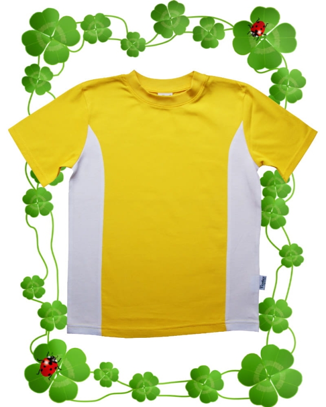 Koszulka dziecięca z krótkim rękawem t-shirt, żółta z białymi wstawkami po bokach, żółty ściągacz pod szyją,  100% bawełna, boczne szwy stabilizujące koszulkę , fason unisex, fason VKD-44.jpg