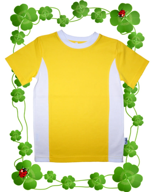 Koszulka dziecięca z krótkim rękawem t-shirt, żółta z białymi wstawkami po bokach, biały ściągacz pod szyją, 100% bawełna, boczne szwy stabilizujące koszulkę , fason unisex, fason VKD-44.jpg