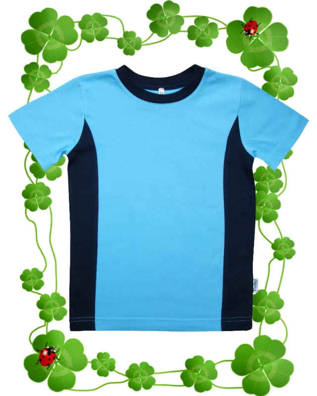 Koszulka dziecięca z krótkim rękawem t-shirt, niebieska z granatowymi wstawkami po bokach, 100% bawełna, boczne szwy stabilizujące koszulkę , fason unisex, fason VKD-44.jpg