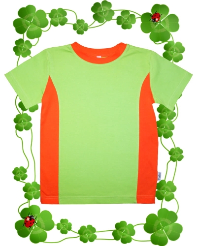 Koszulka dziecięca z krótkim rękawem t-shirt, jasnozielona z pomarańczowymi wstawkami po bokach, 100% bawełna, boczne szwy stabilizujące koszulkę , fason unisex, fason VKD-44.jpg