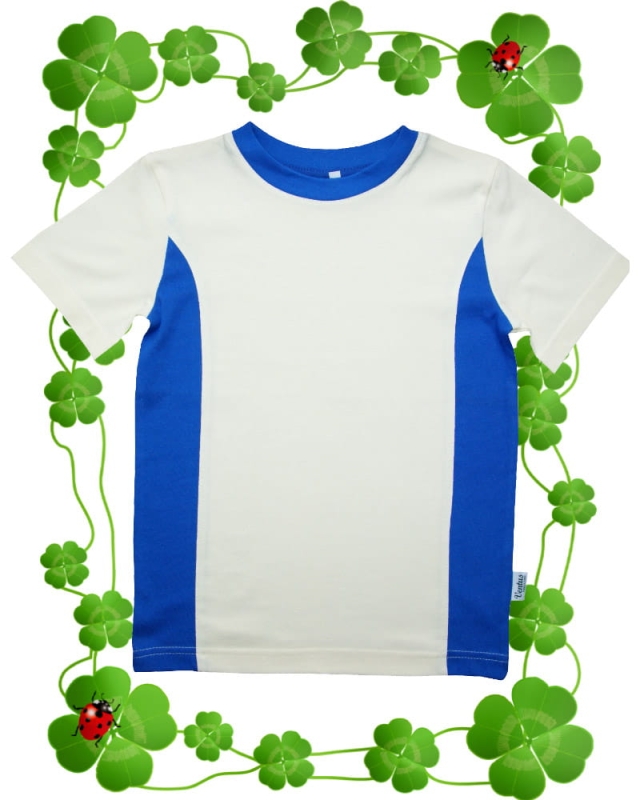 Koszulka dziecięca z krótkim rękawem t-shirt, ecru z chabrowymi wstawkami po bokach, 100% bawełna, boczne szwy stabilizujące koszulkę , fason unisex, fason VKD-44.jpg