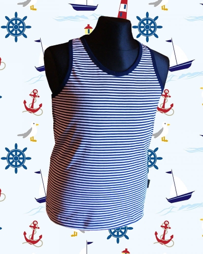 Koszulka na ramiączkach dziecięca w wąskie paski biało-granatowe, styl żeglarski, marynarski, koszulka bawełniana, fason unisex, dla dziewczynek i dla chłopców, fason VKT-43.jpg