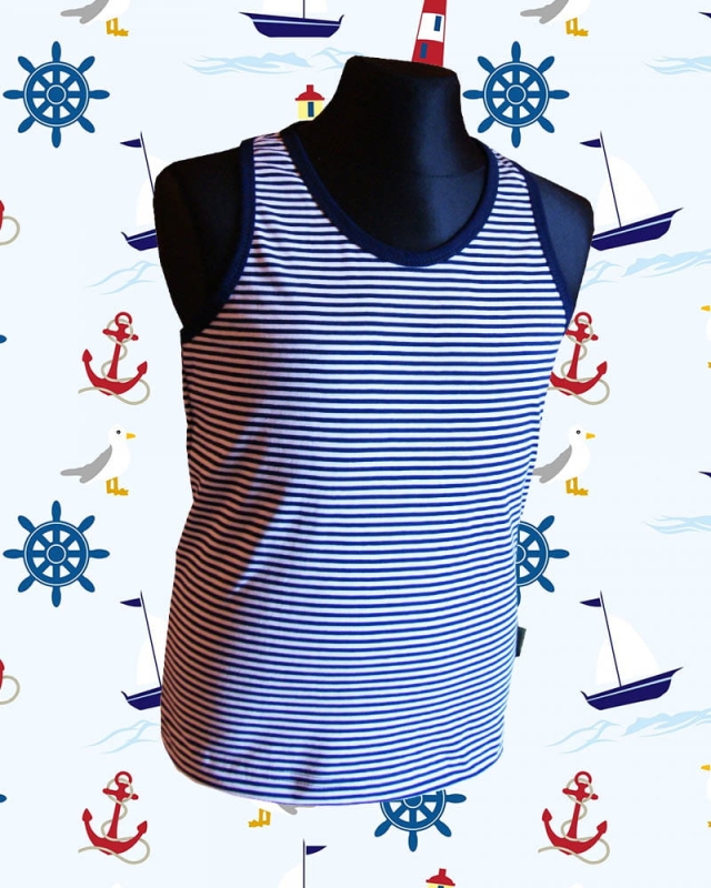 Koszulka na ramiączkach dziecięca w wąskie paski biało-granatowe, styl żeglarski, marynarski, koszulka bawełniana, fason unisex, dla dziewczynek i dla chłopców, fason VKT-43.jpg