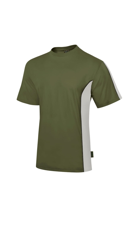 Koszulka męska t-shirt bawełniana w kolorze khaki z beżowymi wstawkami po bokach i na rękawku, fason koszulki męskiej VKT-26, okrągłe wykończenie pod szyja ściągaczem, koszulka 100% bawełna.jpg