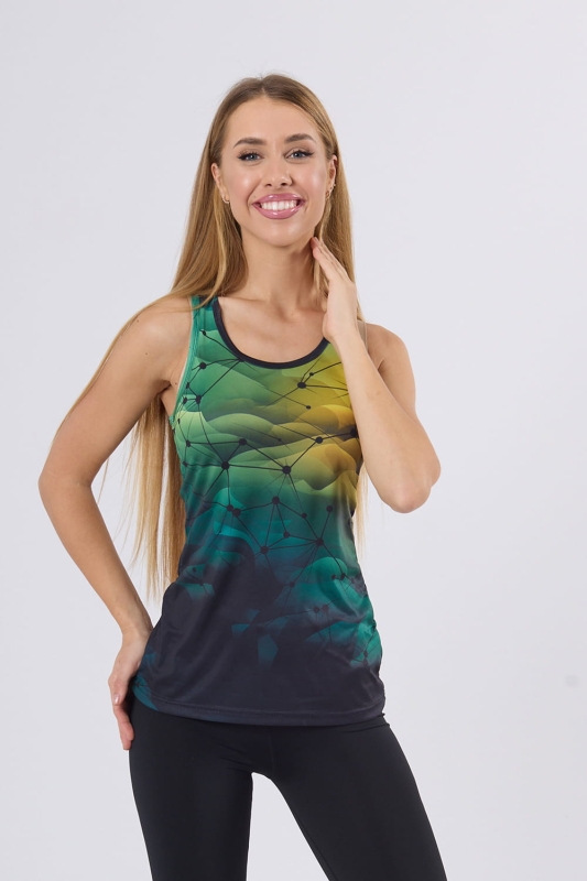 Tank top damski sportowy w barwach zieleni z czarnymi liniami tworzącymi siatkę, fason VKD-60, delikatnie taliowana, na szerokich ramiączkach, grafika nr 4001.jpg