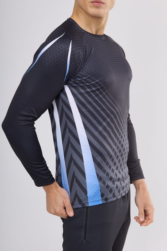 Longsleeve męski fason VKDRm-9 długi rękaw, raglan, krój sportowy, czarny z grafiką 4008 przenikajace się linie i siateczki w odcieniach szarości i błękitu, w tle heksagonalna siateczka z delikatnym gradientem.jpg
