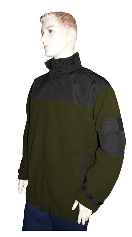 Polar fason VPL-11 Ventus w kolorze khaki, czarne wstawki z ortalionu na ramionach, stójce, czarna kieszeń na lewym rękawie, główny zamek, dwie kieszenie na zamek, ściągające czarne pasy parciane przy rękawach i po bokach polaru .jpg