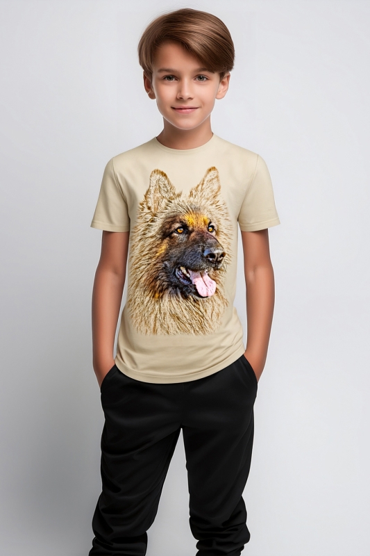 Chłopiec w koszulce t-shirt fason unisex VKTJ-1A, beżowa z nadrukiem psa rasy Owczarek Niemiecki marka Ventus.jpg