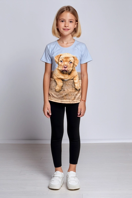 Dziewczynka w koszulce t-shirt fason unisex VKTJ-1A, z nadrukiem pas Dog de Bordeaux Ventus.jpg