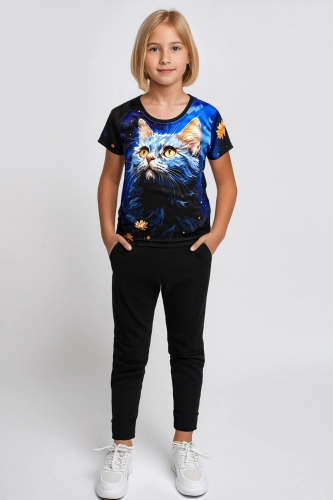 Koszulka dziecięca z z krótkim rękawem fason unisex z kotem blue 1040 VKTJ-1A przód.jpg