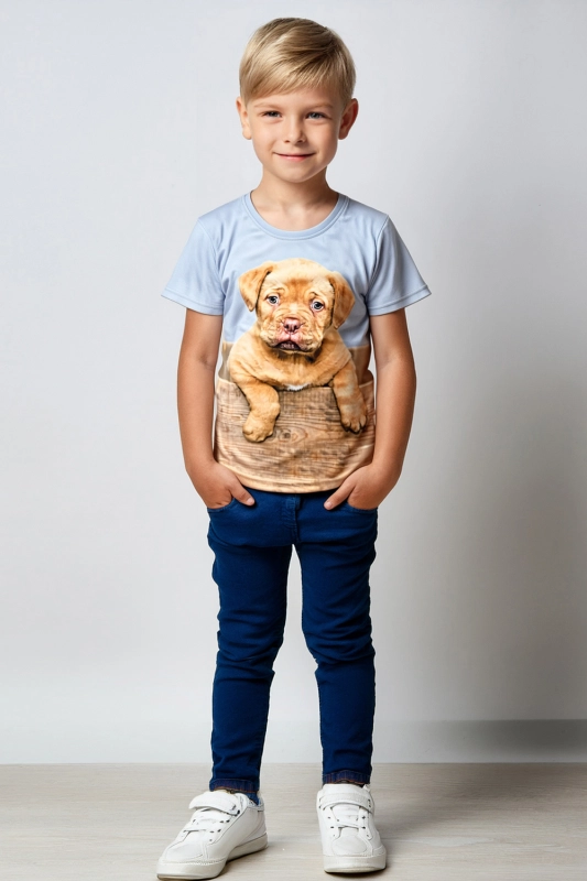 Chłopiec w koszulce z krótkim rękawem z psem Dog de Bordeaux fason VKTJ-1A Ventus.jpg