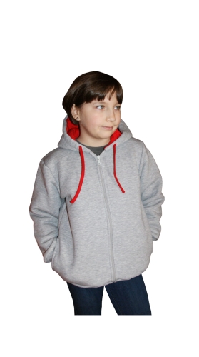 Gruba ciepła bluza dziecięca rozpinana z kapturem, bluza w kolorze jasnego melanżu, kaptur od wewnątrz podszyty czerwonym singlem, kieszenie w bocznych szwach, fason unisex, fason VBL-35.jpg