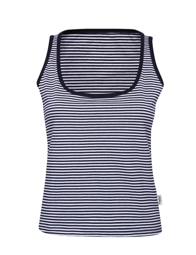 Tak top damski bawełniany w wąskie paski biało-granatowe, fason VKD-30, delikatnie taliowany, głębszy okrągły dekolt wykończony granatową lamówką, szerokość paska 0,3cm.jpg