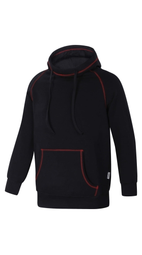Bluza męska dresowa czarna, bawełniana, nierozpinana, z kapturem, kieszeń typu kangurka, ozdobne szwy czerwone, wysoka stójka, kaptur od wewnątrz podszyty czarnym singlem, fason VBL-38 Ventus.jpg