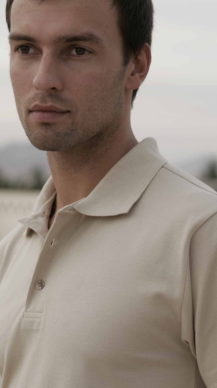 Model w beżowej koszulce polo z krótkim rękawem fason VKPm-1, koszulka zapinana na 3 guziki, bawełniana materiał la costa pique.jpg