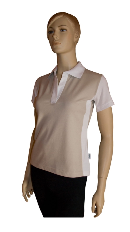 Koszulka polo damska beżowa z białymi wstawkami, delikatnie taliowana, fason VKPd-12, biały kołnierzyk, materiał la costa pique.jpg