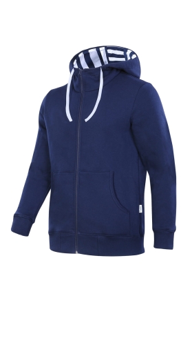 Bluza męska dresowa żeglarska granatowa, rozpinana z kapturem, kaptur od wewnątrz podszyty singlem w paski biało-granatowe, kieszeń typu kangurka, ściacze przy rękawach, ściągacz u dołu bluzy, fason VBL-36 Ventus.jpg