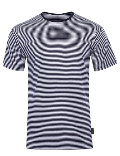 Koszulka męska w wąskie paski biało-granatowe, z krótkim rękawem, bawełniana, fason VKT-49, styl marynistyczny, żeglarski.jpg