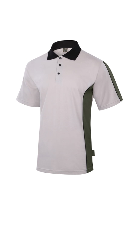 Elegancka koszulka polo męska fason VKPm-26 beżowa, czarny kołnierzyk, po bokach wstawki w kolorze khaki z czarną wypustką, na rękawku wstawka w kolorze khaki i z czarną wypustką, materiał singiel gładki.jpg