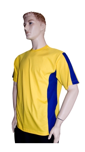 Koszulka męska bawełniana z krótkim rękawem fason  VKT-20 żółta, chabrowe wstawki po bokach i na rękawku.jpg