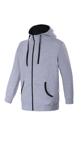 Bluza dresowa męska rozpinana fason VBL-36m w kolorze jasno melanżowym, kieszeń kangurka z kontrastową lamówką, kaptur od wewnątrz podszyty czarnym singlem, rękawy wykończone ściągaczem, dół bluzy ze ściągaczem.jpg