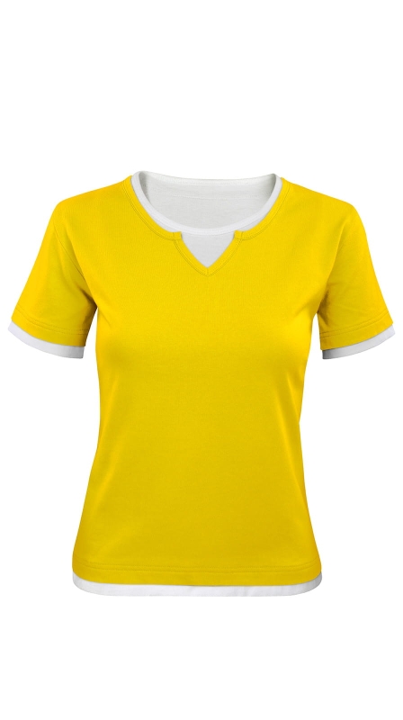 Bluzka damska żółta fason VKD-43 białe wykończenie rękawków i dołu koszulki, efekt drugiego rękawka, białe wykończenie pod szyją, ozdobne przeszycie pod szyją, koszulka z krótki rękawem, delikatnie taliowana, bawełniana.jpg